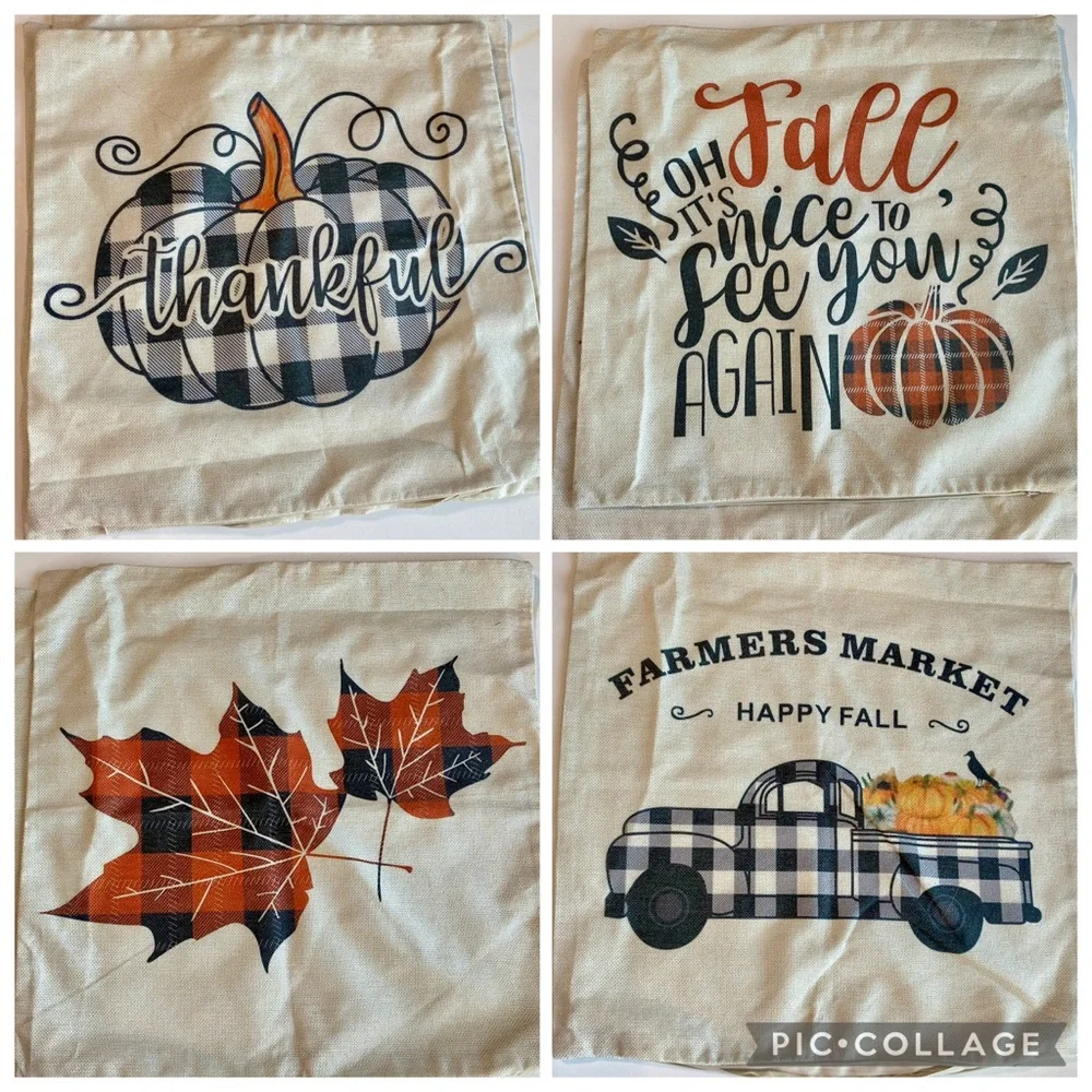 Set of 4 Fall Decorative Pillow Covers 17” Buffalo Check Thanksgiving Pumpkins